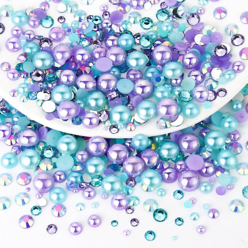 Towenm 60g Flatback Pearls and Rhinestone Mix, 2mm-10mm Mixed Size Flatback Rhinestones and Pearls for Crafts Tumblers Shoes Nails Face Art, Purples|Aquamarine - Image 1